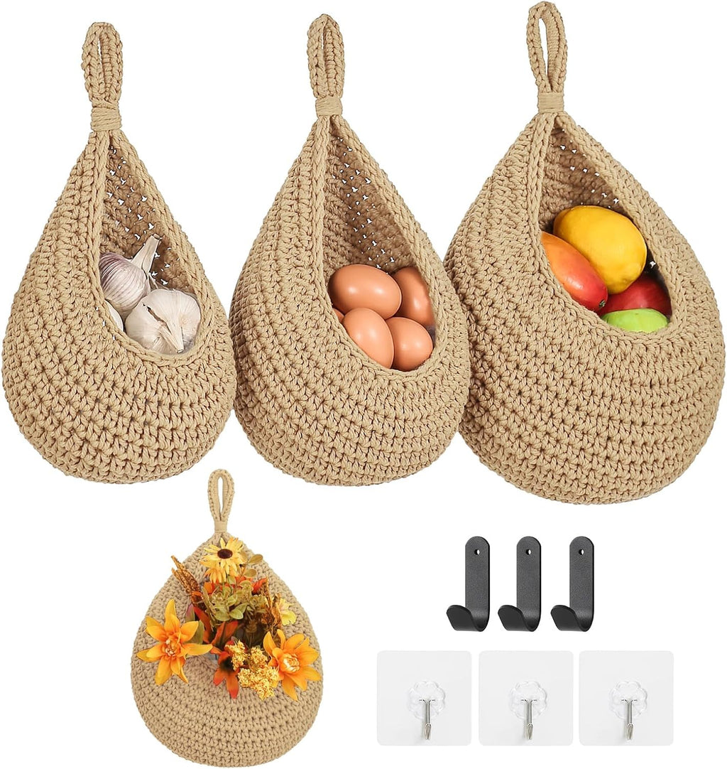 3 Linen Boho Wall Fruit Baskets