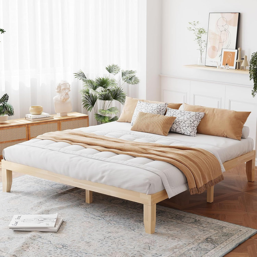 Natural Rubber Wood King Platform Bed Frame