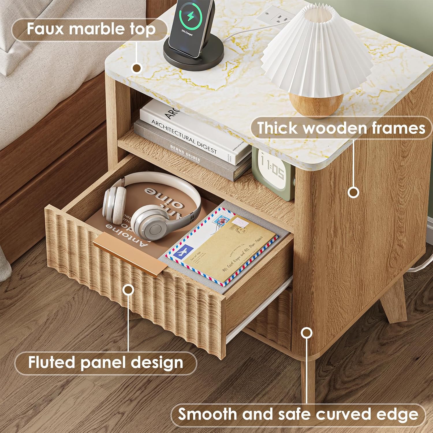 Oak Fluted Marble Charging Nightstand