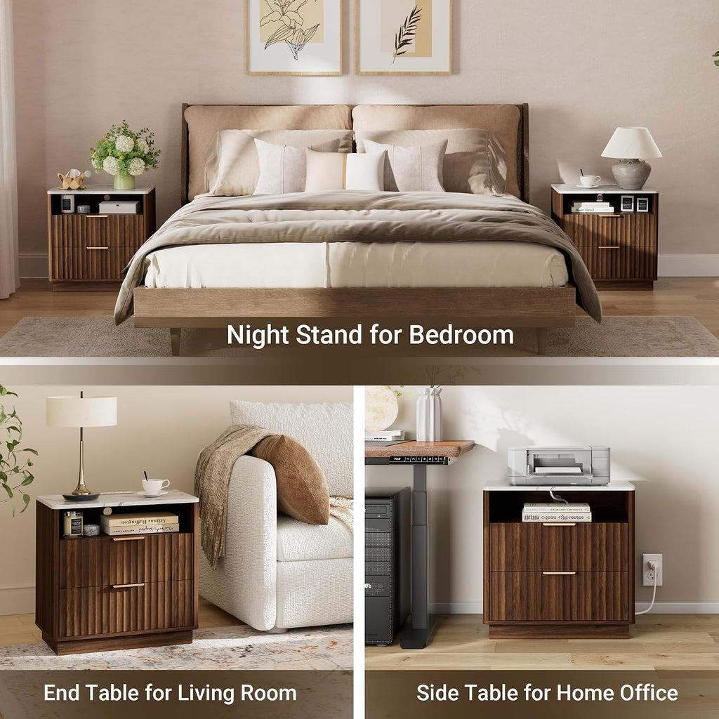 2 Walnut Fluted Marble Nightstands
