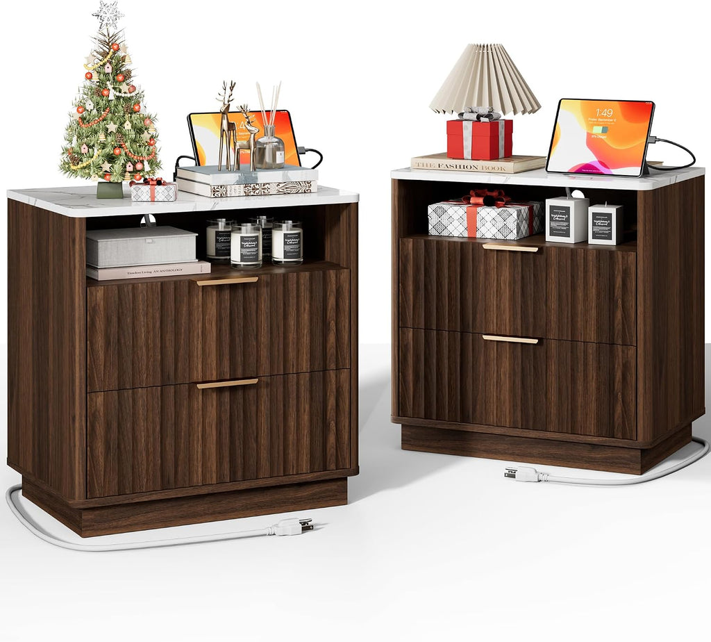 2 Walnut Fluted Marble Nightstands