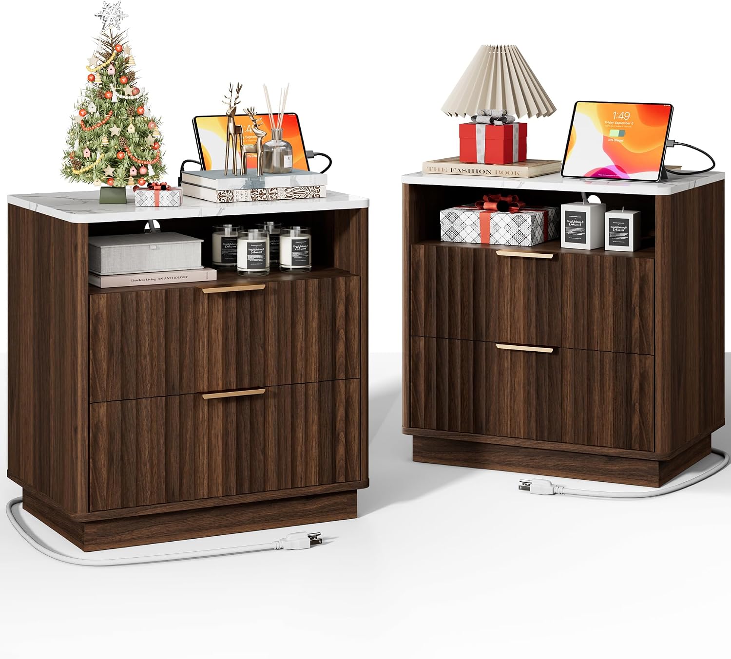 2 Walnut Fluted Marble Nightstands
