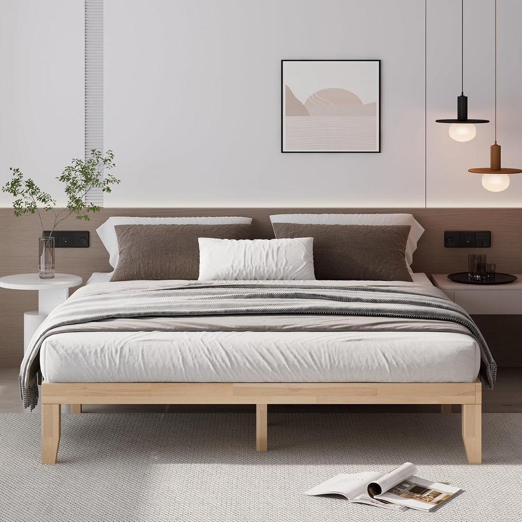 Natural Rubber Wood King Platform Bed Frame