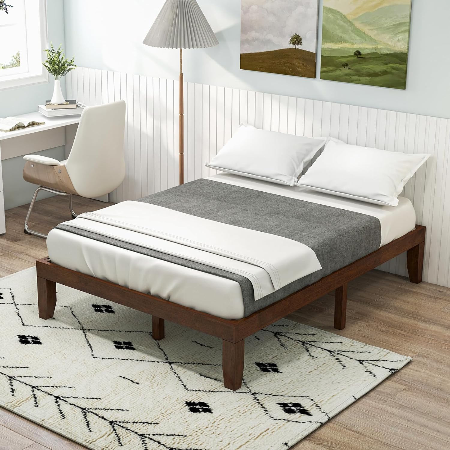 Walnut Rubber Wood Full Platform Bed Frame