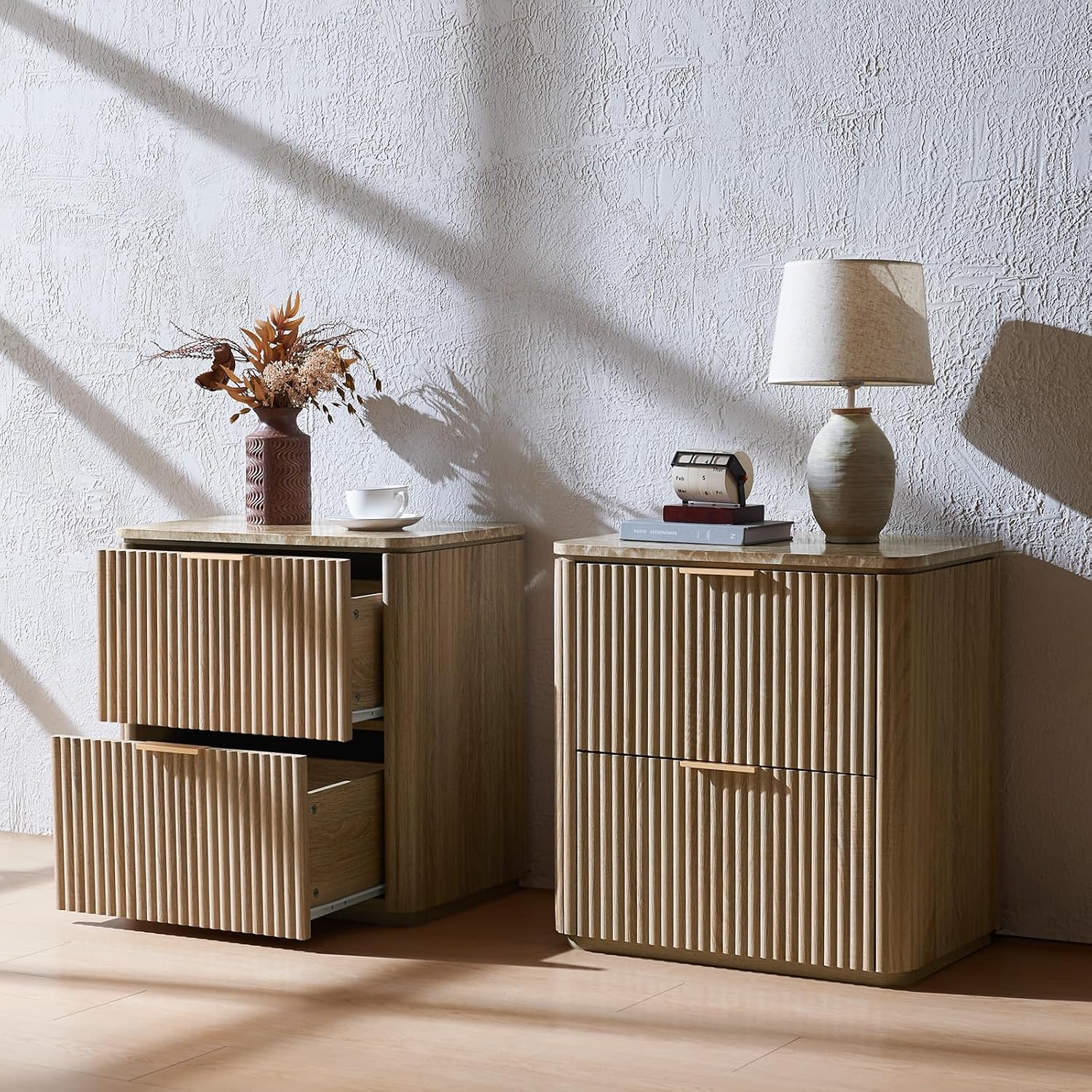 2 Oak Fluted Marble Nightstands