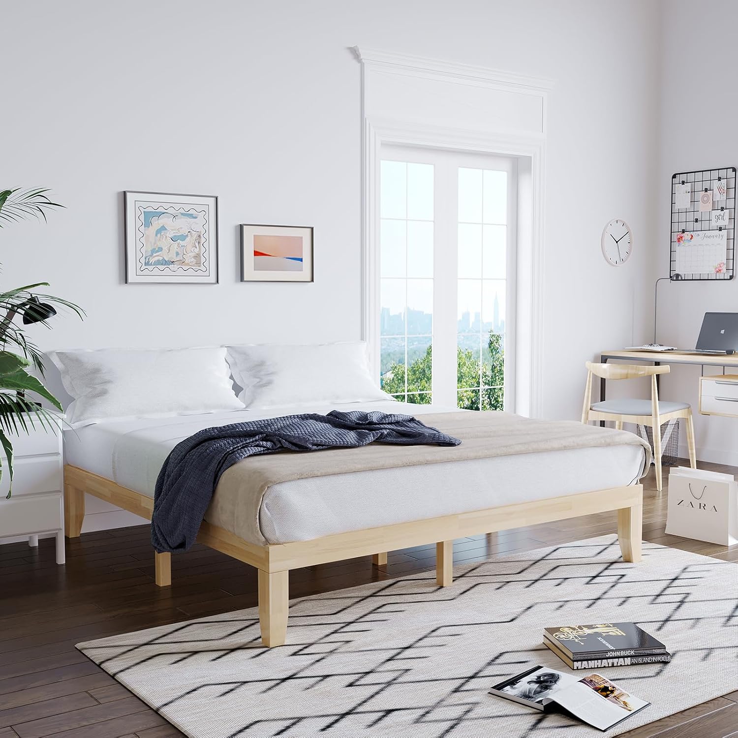 Natural Rubber Wood King Platform Bed Frame