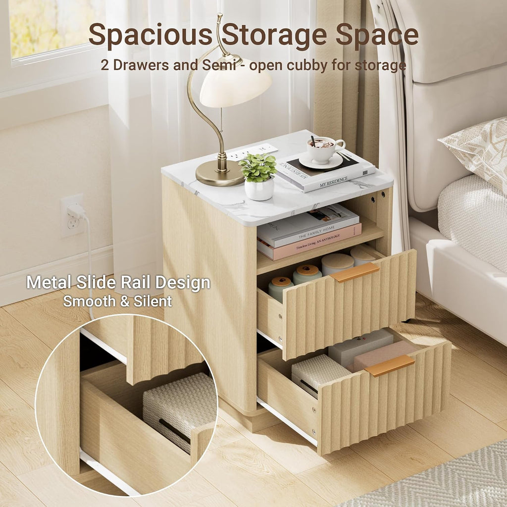 Oak Fluted Marble Charging Nightstand