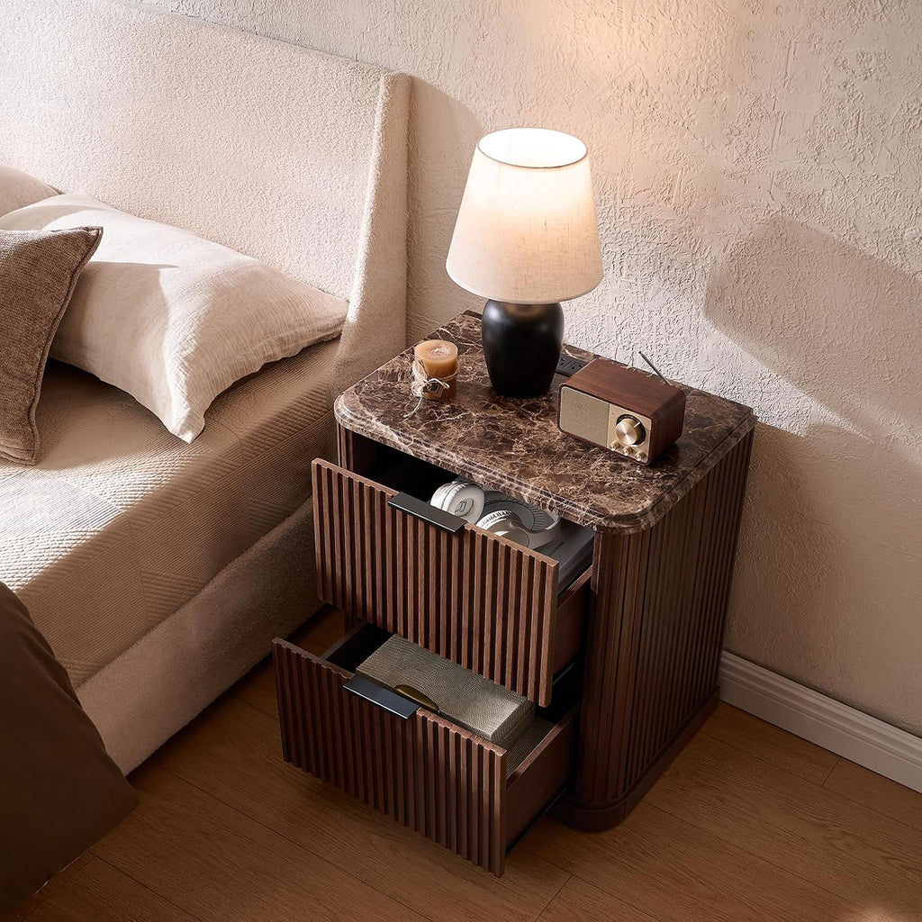 2 Walnut Fluted Marble Nightstands