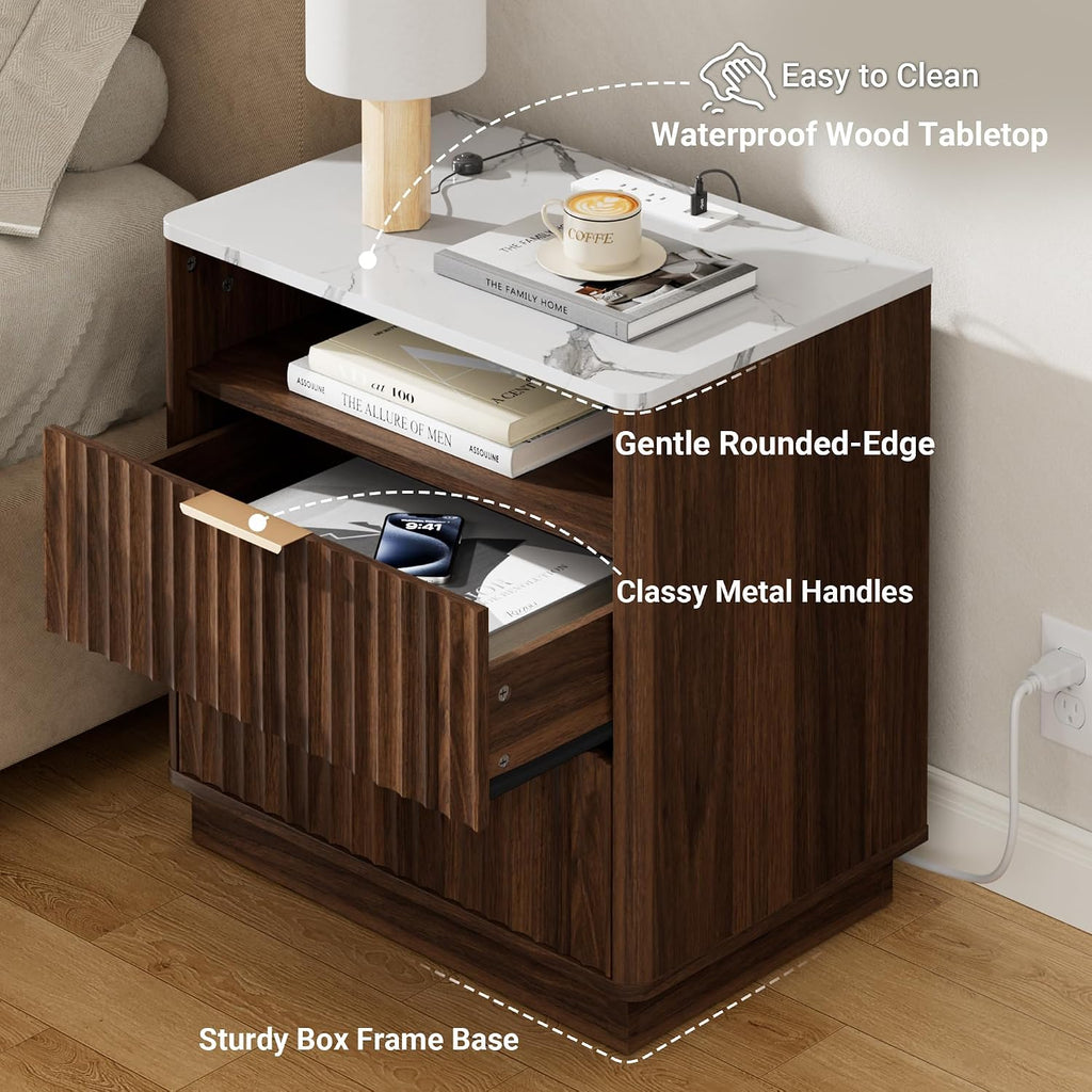 Fluted Nightstand Faux Marble Charging Station