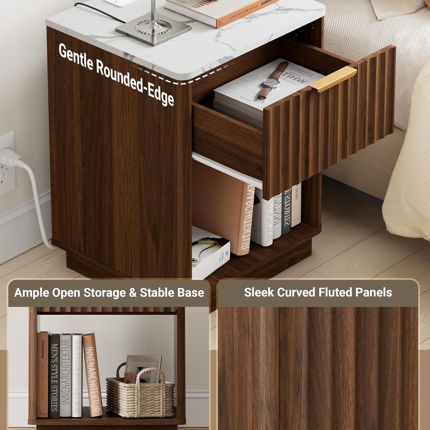 Walnut Fluted Marble Charging Nightstand