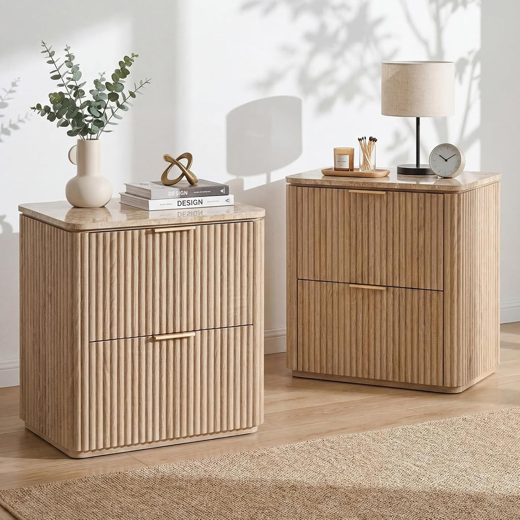 2 Oak Fluted Marble Nightstands
