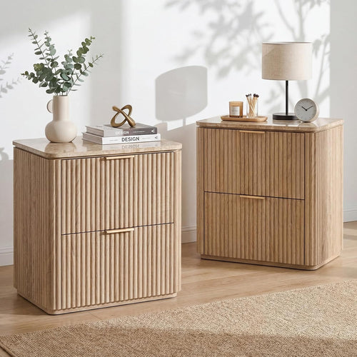 2 Oak Fluted Marble Nightstands
