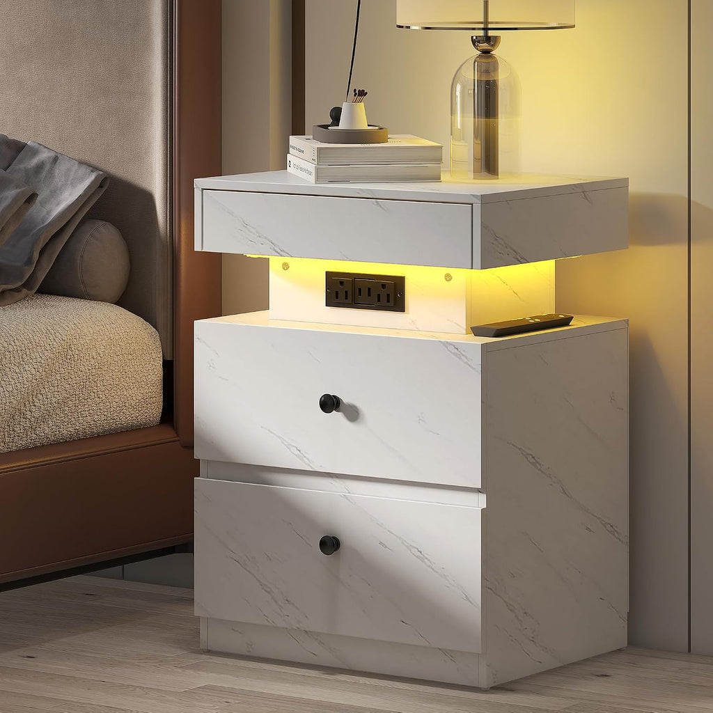 White Marble LED Charging Nightstand