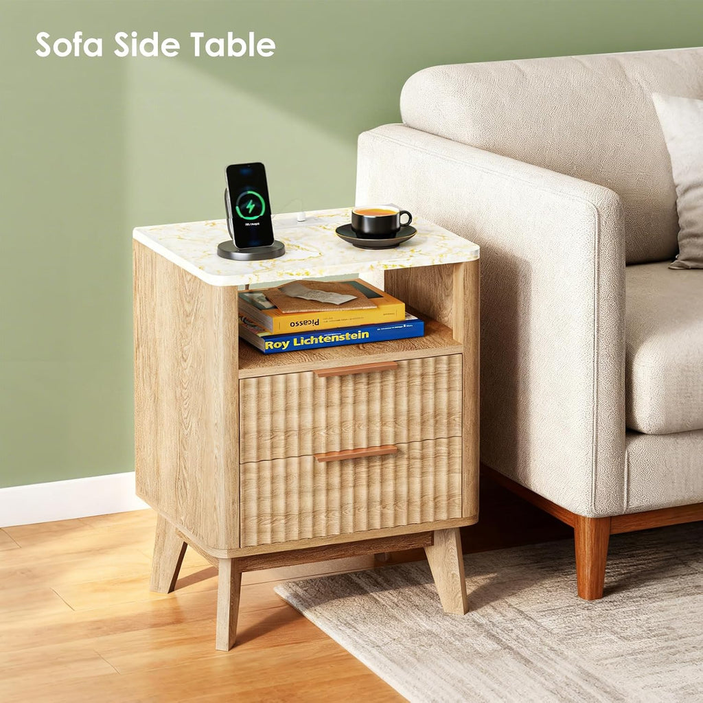 Oak Fluted Marble Charging Nightstand