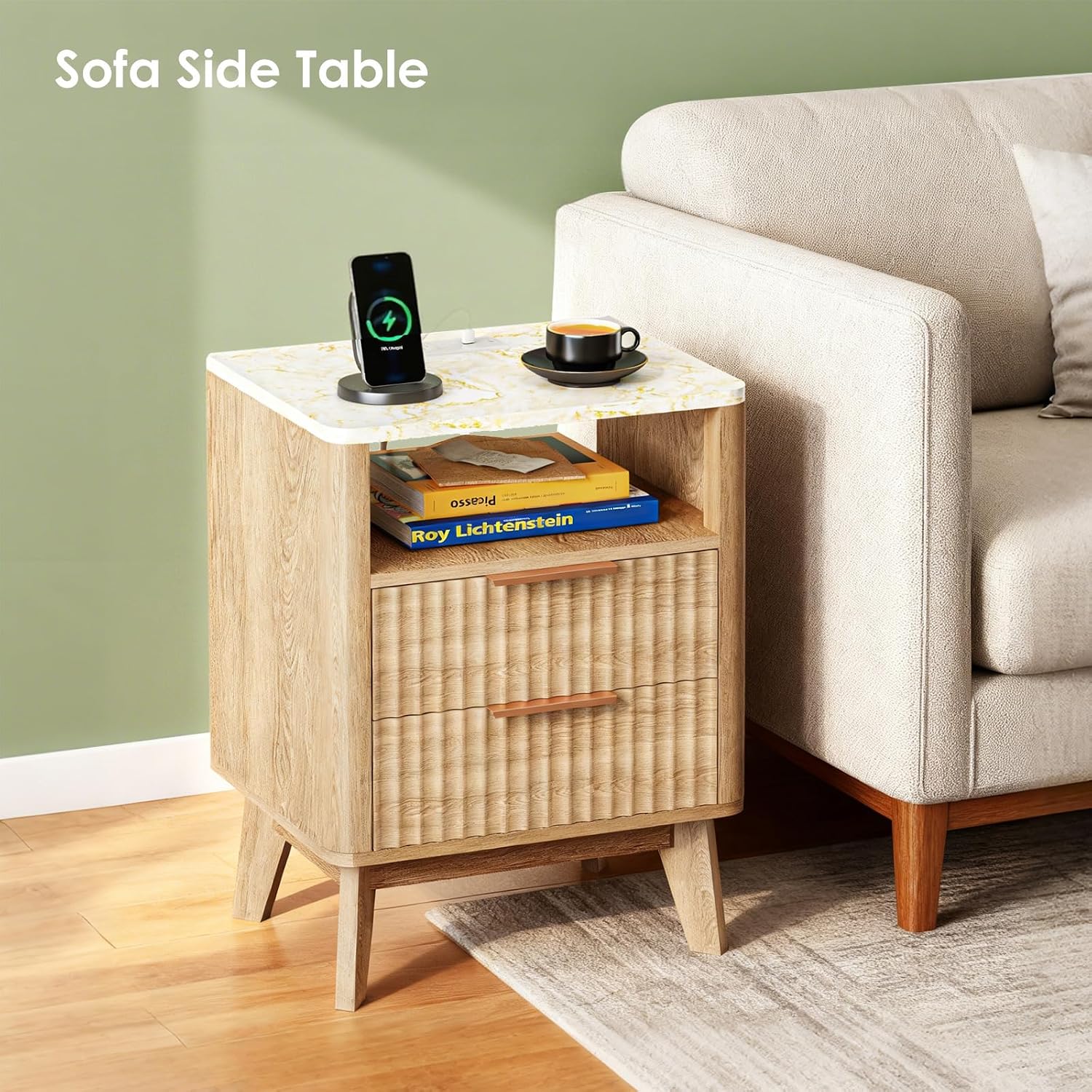 Oak Fluted Marble Charging Nightstand