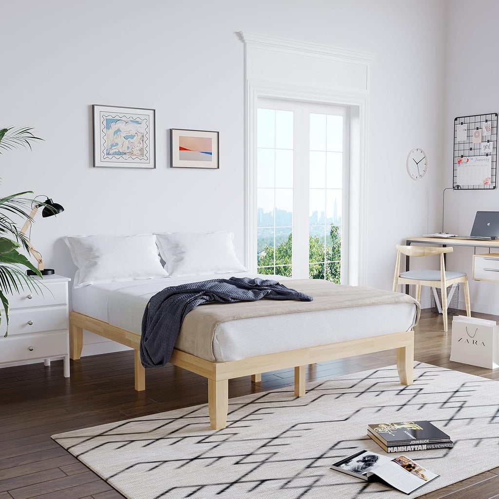 Natural Rubber Wood Full Platform Bed Frame