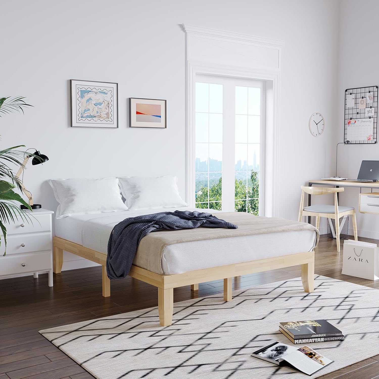 Natural Rubber Wood Full Platform Bed Frame