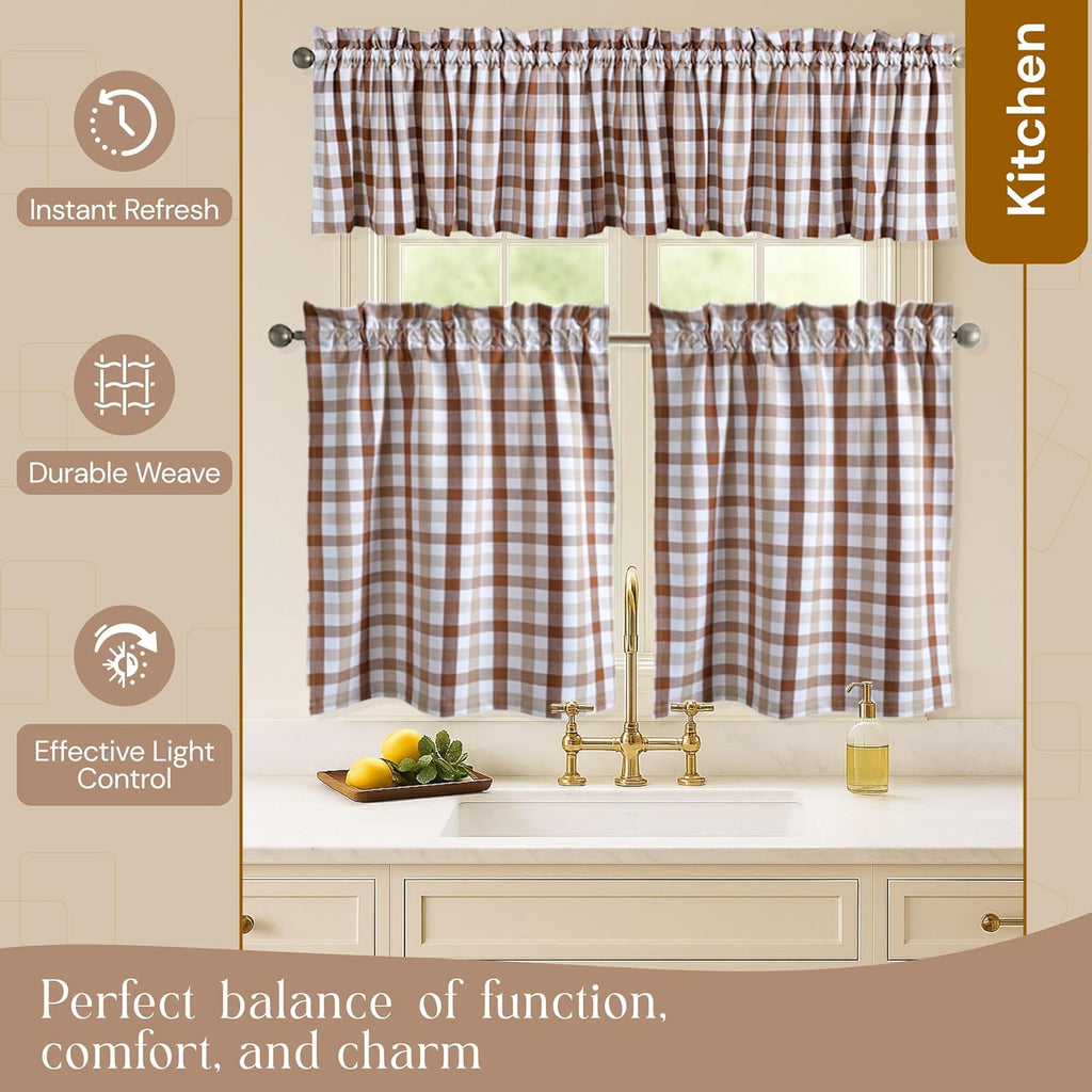 Farmhouse Brown Beige Gingham Curtain Set