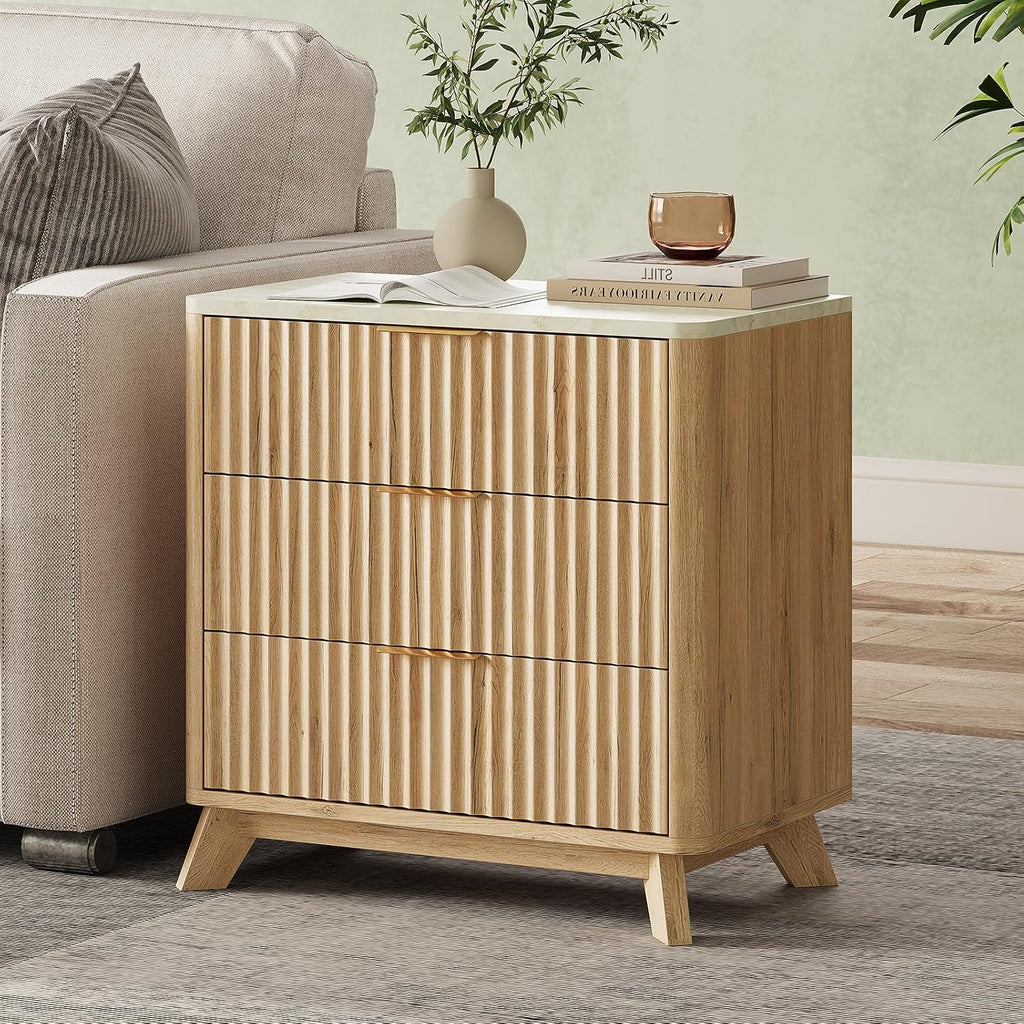 Oak Fluted Marble 3-Drawer Nightstand