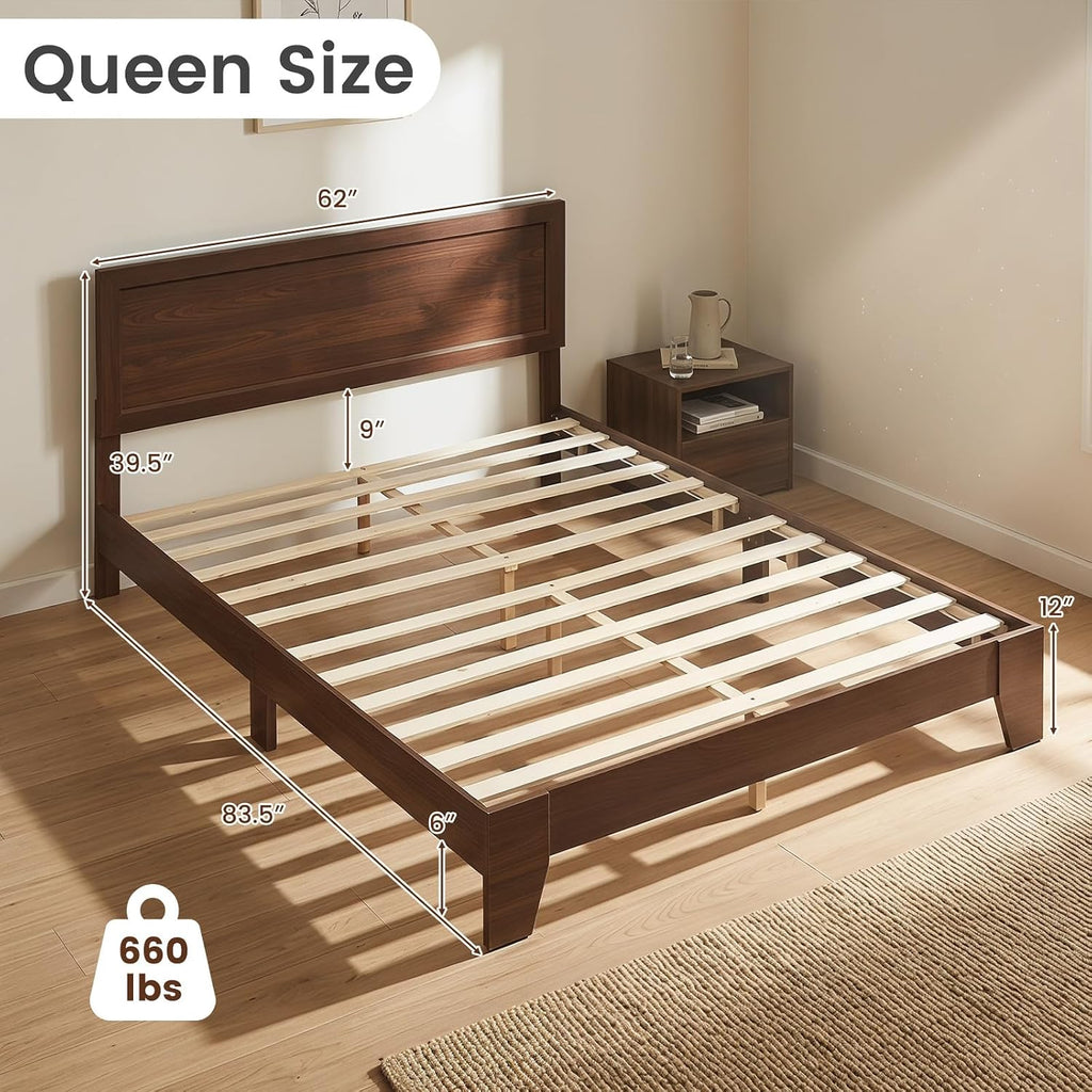 Walnut Mid Century Queen Platform Bed Frame