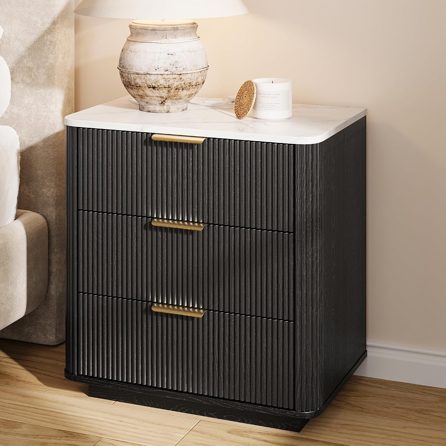 Black Fluted Marble Charging Nightstand