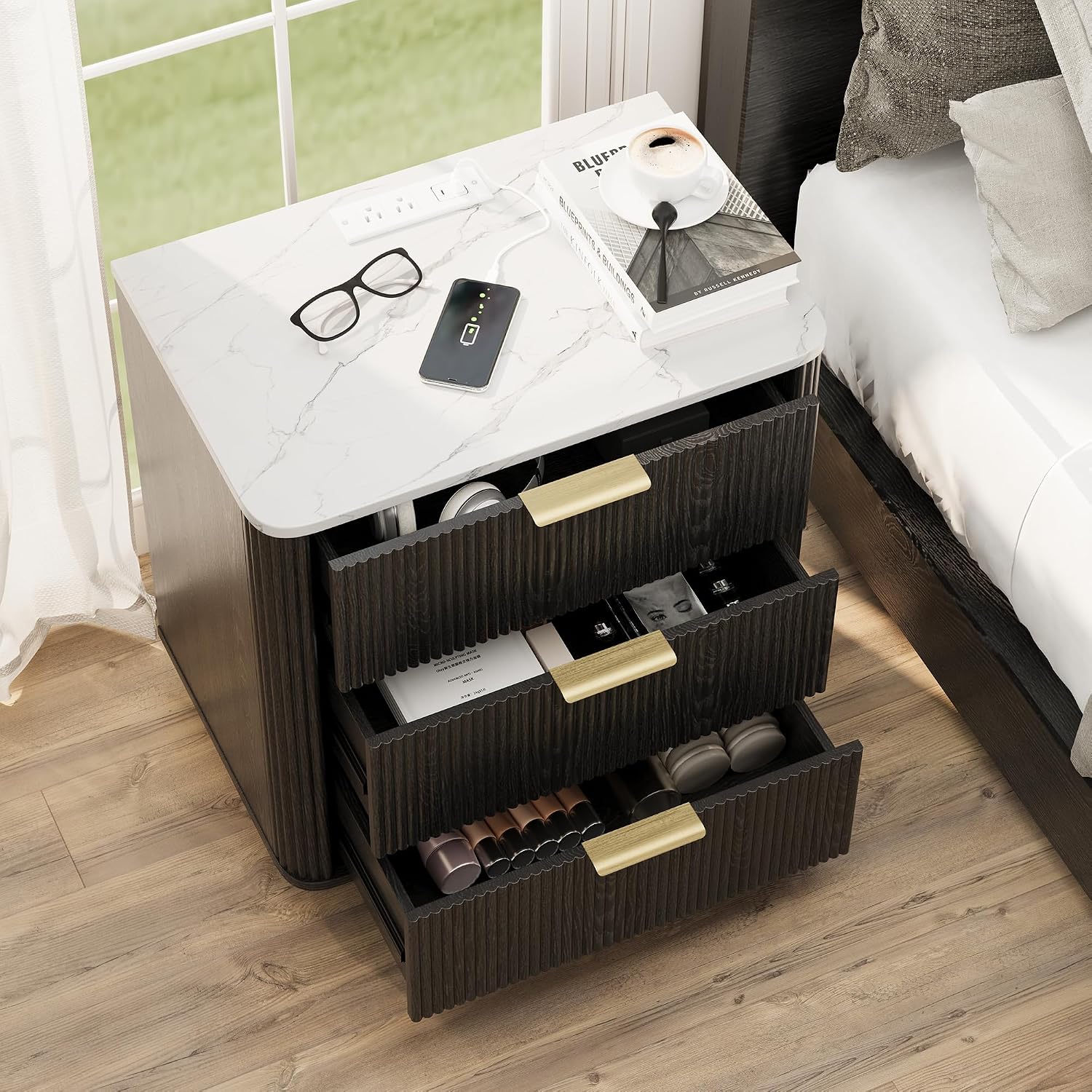 Black Fluted Marble Charging Nightstand