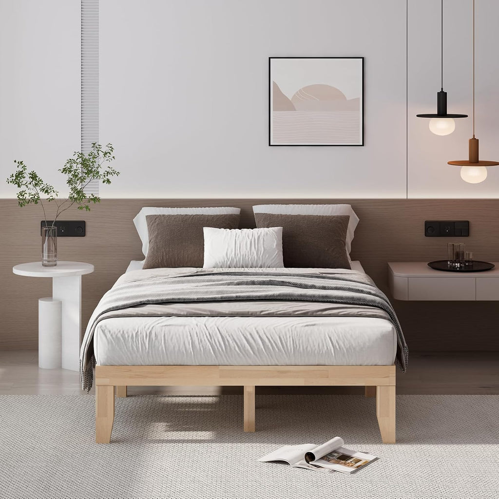 Natural Rubber Wood Full Platform Bed Frame
