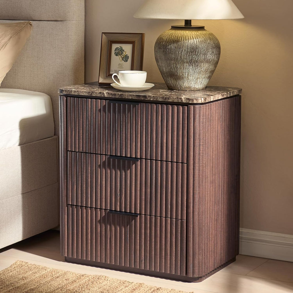Dark Oak Fluted Marble Nightstand