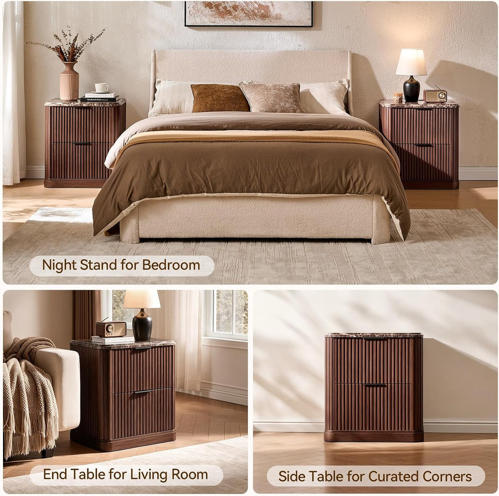 2 Walnut Fluted Marble Nightstands