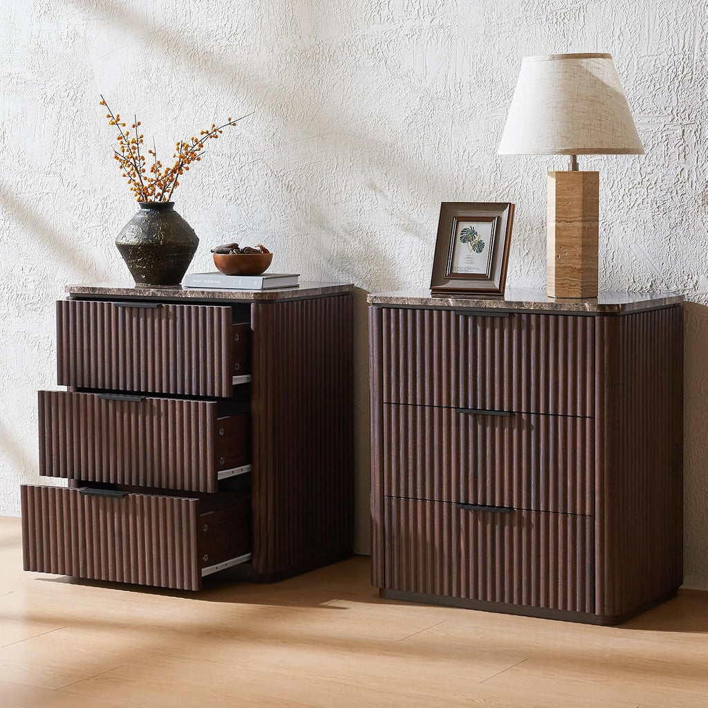 Dark Oak Fluted Marble Nightstand