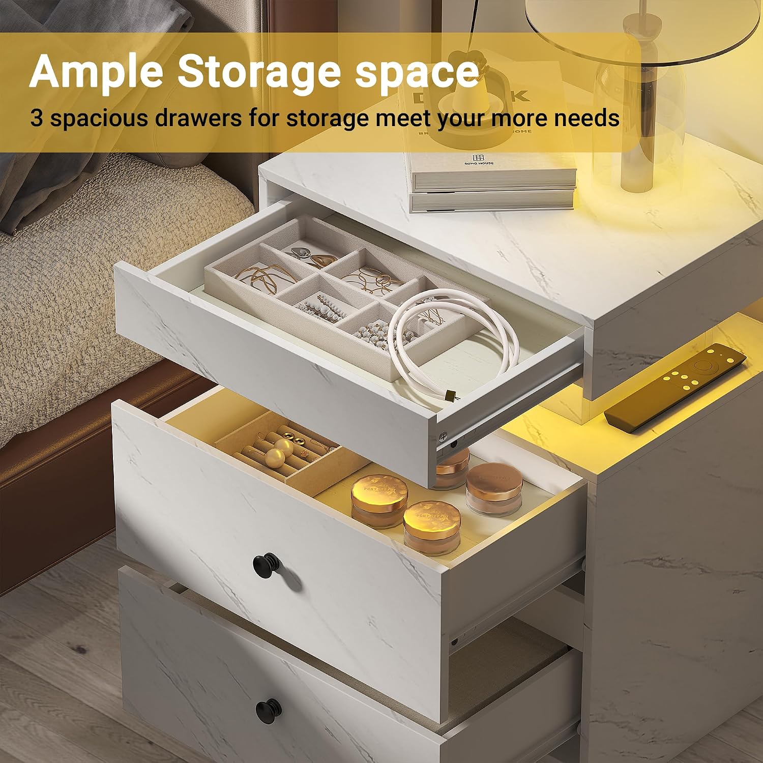 White Marble LED Charging Nightstand