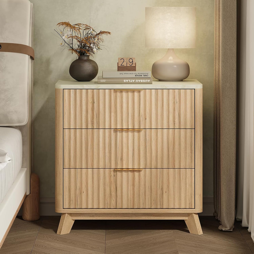 Oak Fluted Marble 3-Drawer Nightstand