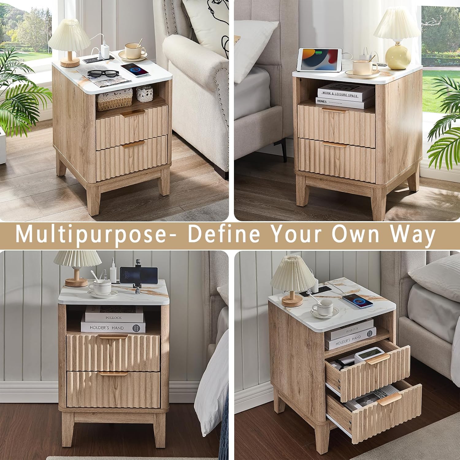 Oak Fluted Faux Marble Nightstand
