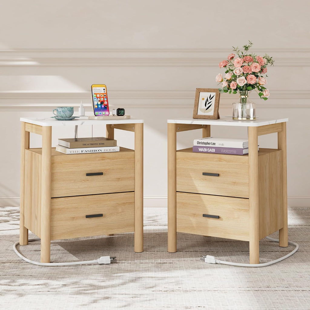 Oak Marble Charging Nightstand Round Legs