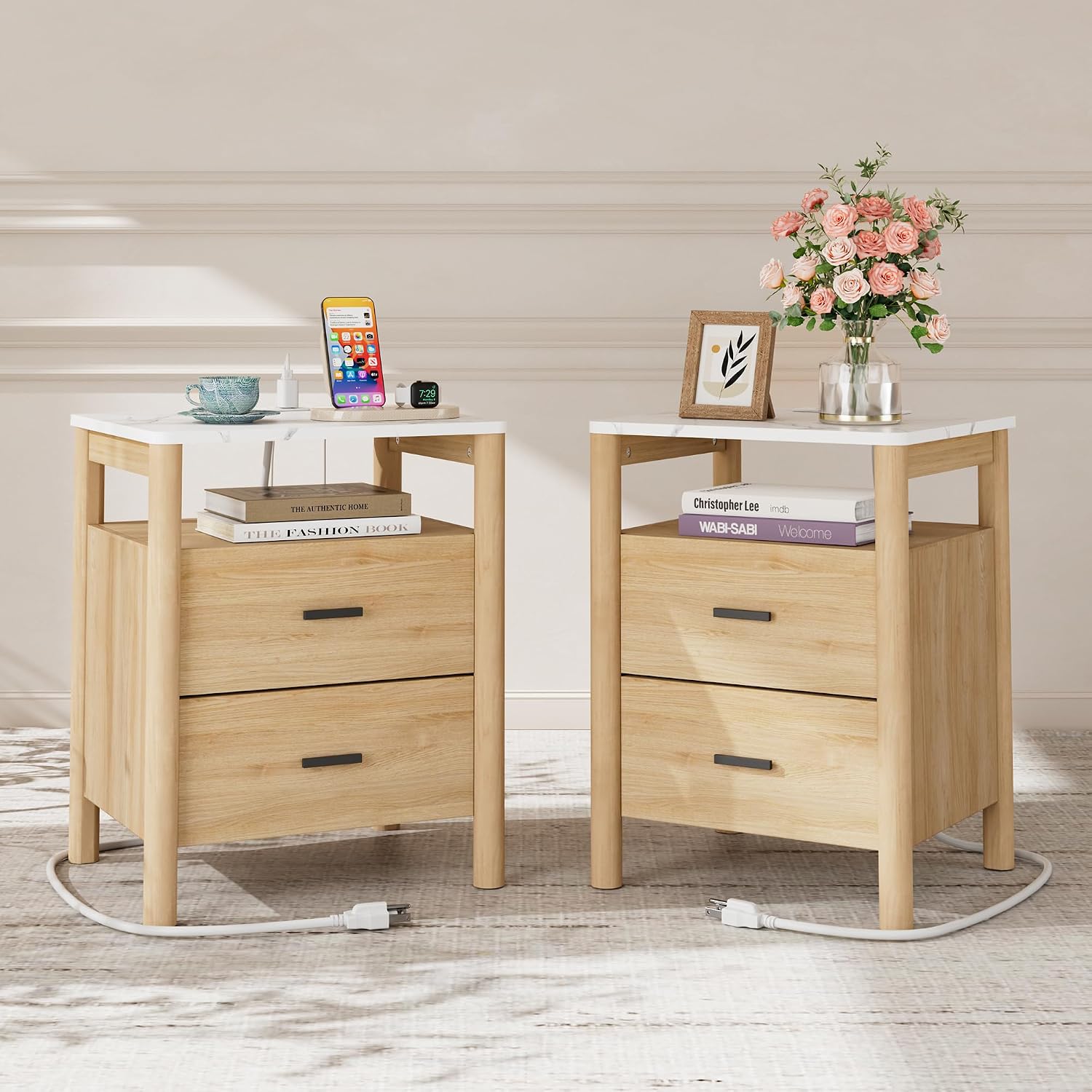 Oak Marble Charging Nightstand Round Legs