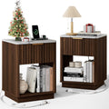 2 Walnut Fluted Marble Nightstands