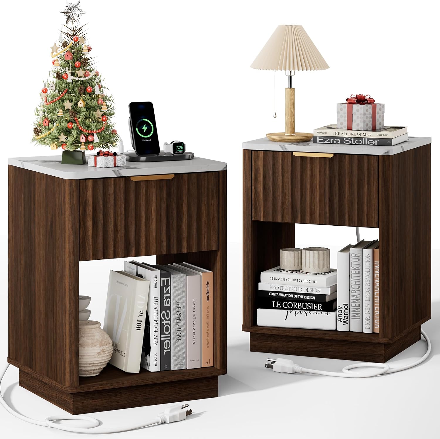 2 Walnut Fluted Marble Nightstands