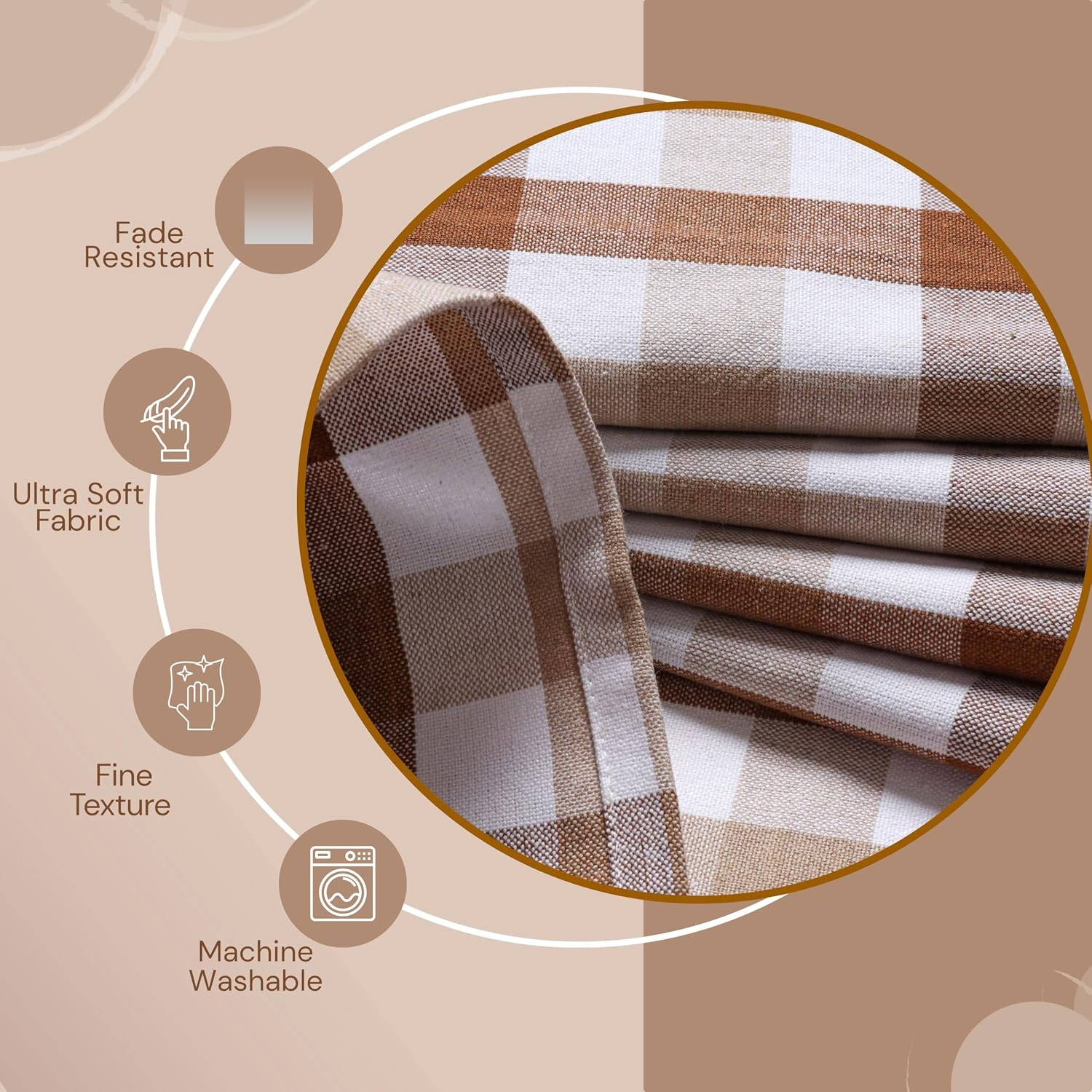 Farmhouse Brown Beige Gingham Curtain Set