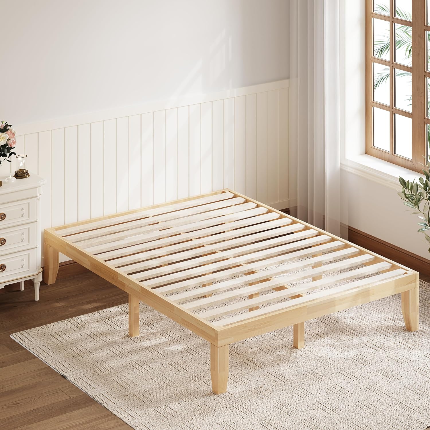 Natural Rubber Wood Full Platform Bed Frame
