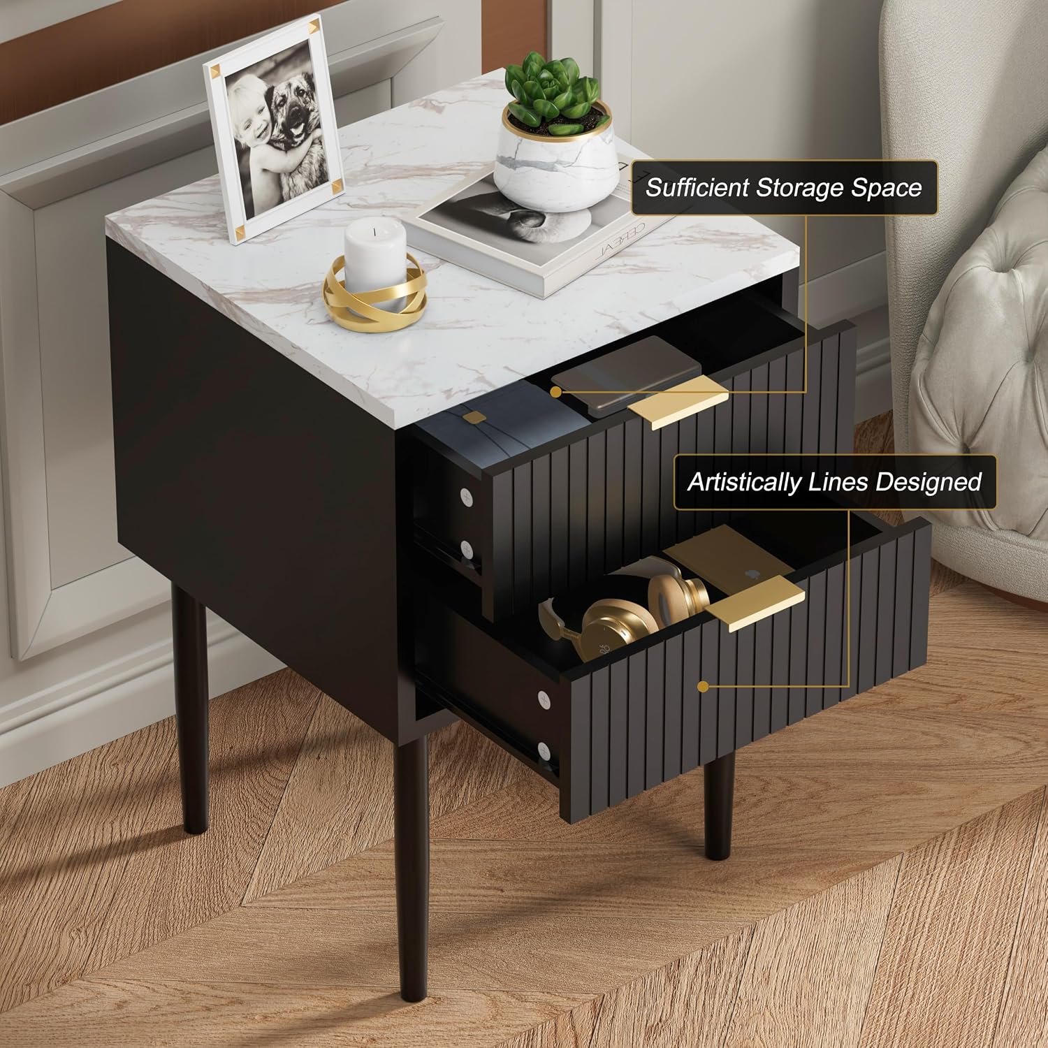 2 Black Marble Nightstands Gold Handles