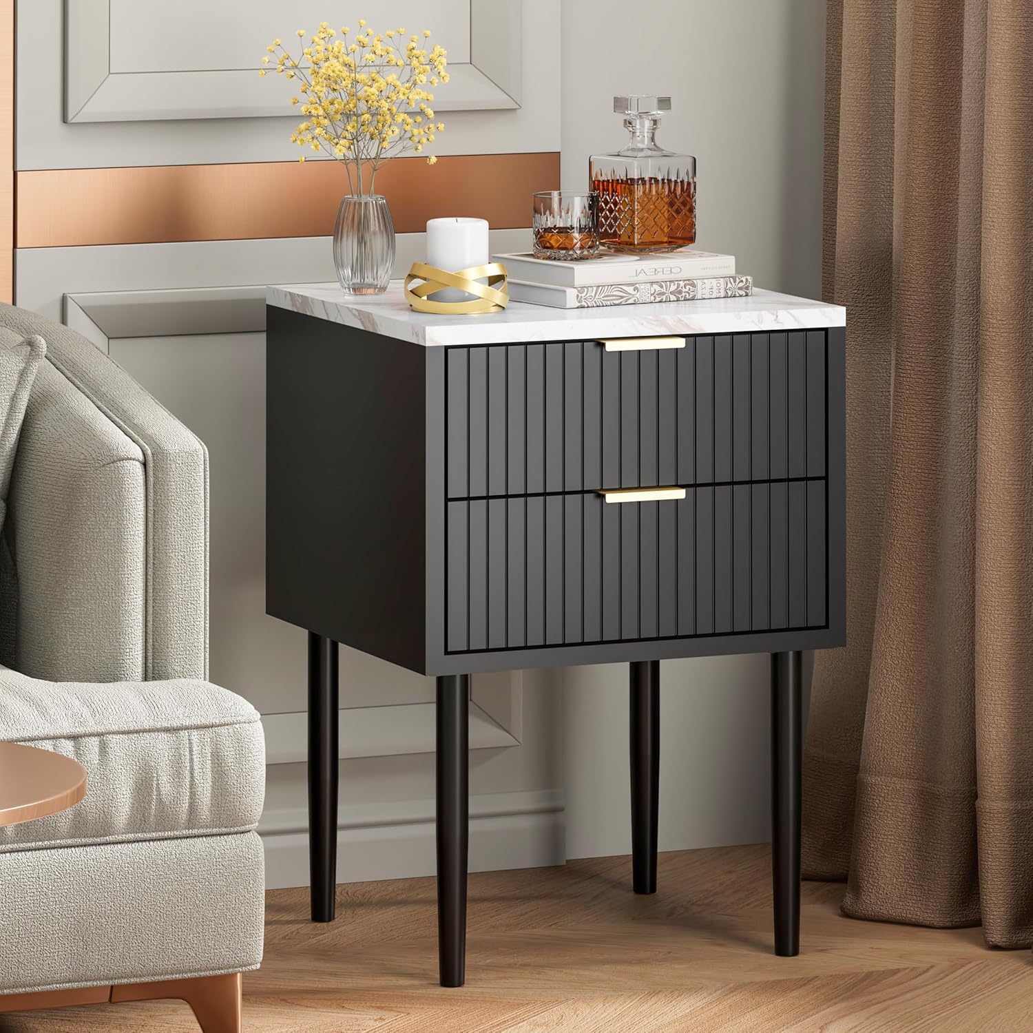 2 Black Marble Nightstands Gold Handles